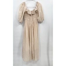 R.Vivimos Medium Swiss Dot Puff Sleeve Smocked Midi Dress Womens Cream Boho