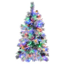 4FT Pre-Lit Christmas Tree Spruce Snow Flocked Artificial Xmas Tree w/ Pine Cone