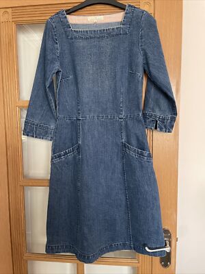 Seasalt Denim Dress Morrab Design Blue Square Neck UK 8