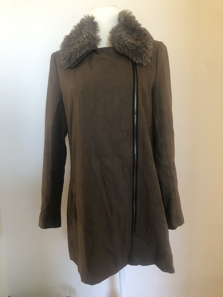 Wish Ladies Coat Jacket Size 10 Faux Fur Trim Brown Wool Blend