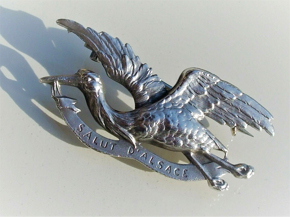 Broche Ancienne En Argent Massif Et Vermeil - Cigogne Et Naissance, Alsace Vers 1900, Occasion