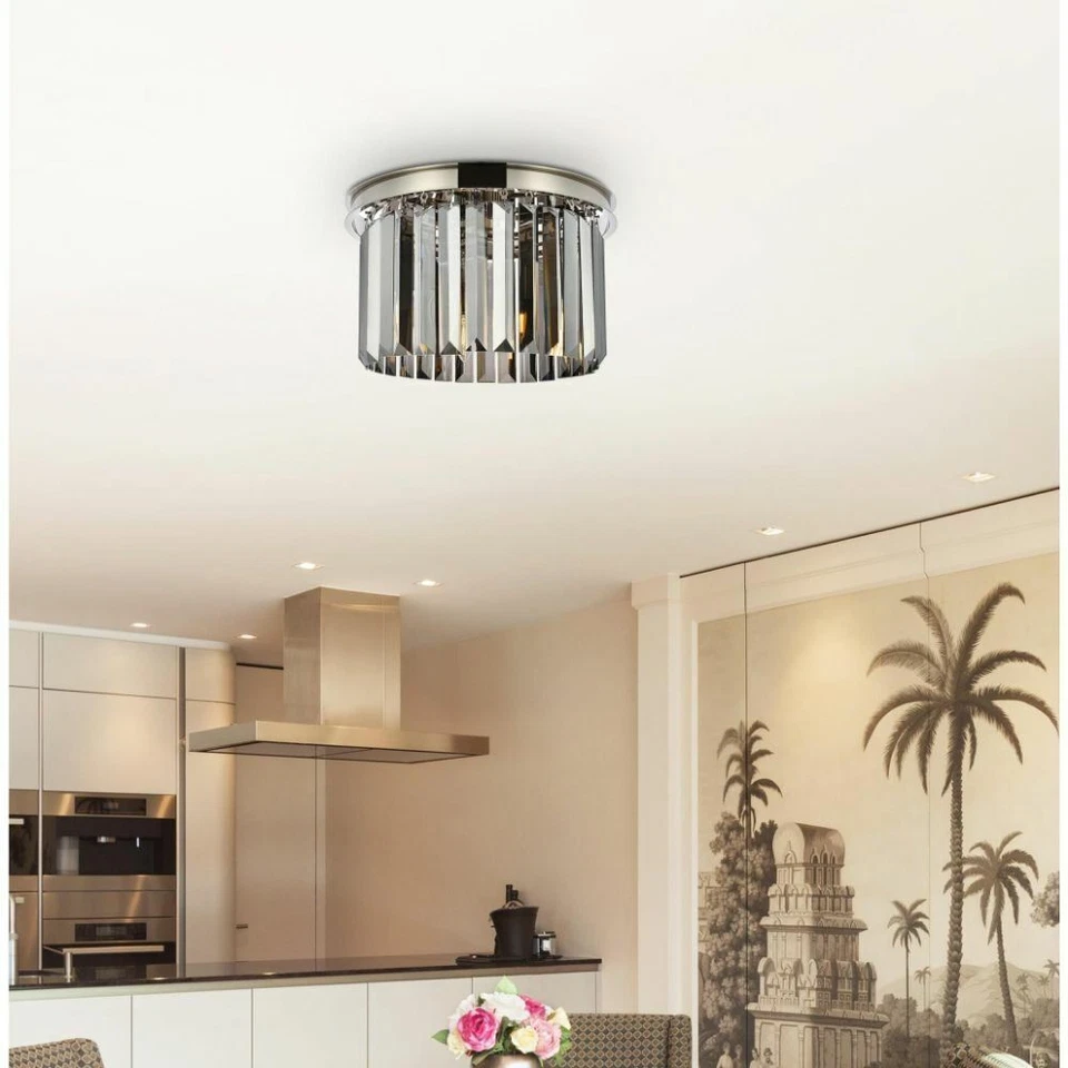 Polished Nickel Flush Mount 3 Light Fixture 16" Silver Shade Crystal Chandelier - Image 2 of 4