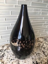 Art Glass Hand Blown Signed Bud Vase Black with Metallic Bronze Accents 10.25"