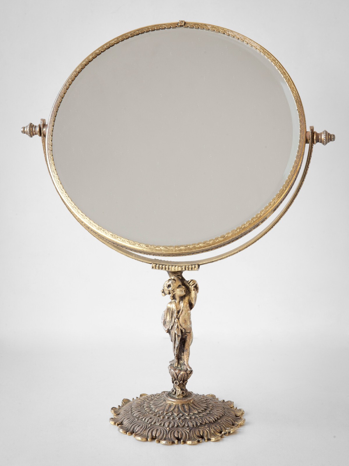 Antique French Country Style Vanity Mirror w/ Gold Gilded Metal Cupid