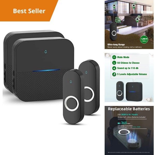 Wireless Waterproof Doorbell Chime Kit with 58 Melodies 1000ft Range and LED Flash-image