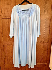 Shadowline Gown Robe Set Blue Floral Embroidered Trim Womens Size Medium