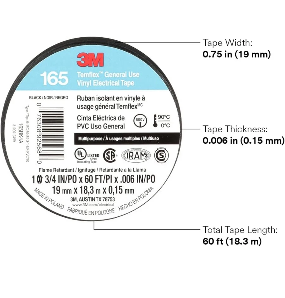 Cinta eléctrica de vinilo 3M Temflex 165 multiusos 3/4" X 60 pies negra 100 rollos Foto 3 de 3