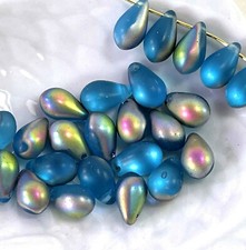 Tear Drop Beads, 9x6mm., Aqua Vitrail w/ Matte Finish, 30 Pieces