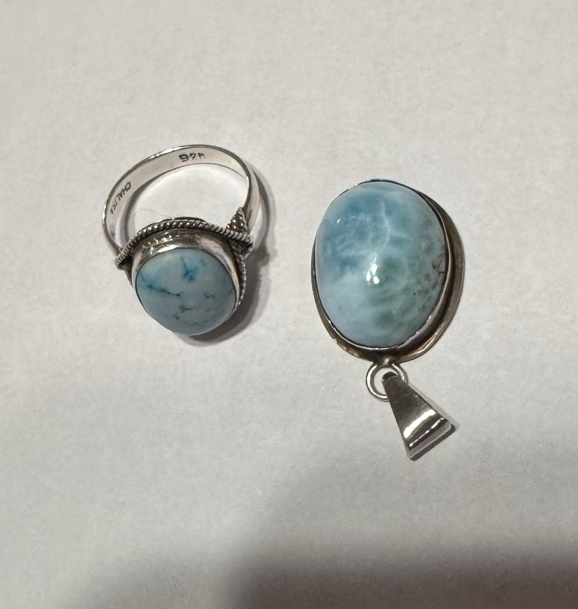 Handmade Oval Blue Larimar 925 Sterling Silver Pendant & Ring Jewelry Set View 2