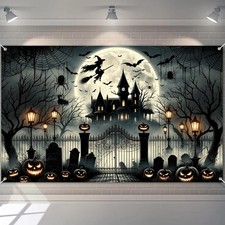Halloween Witch Banner 71x43 Inch Backdrop with Haunted House, Bats, Pumpkins,