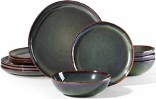 12PCS Stoneware Dinnerware Sets, Plates and Bowls Dish Set for 4, Irregular H...