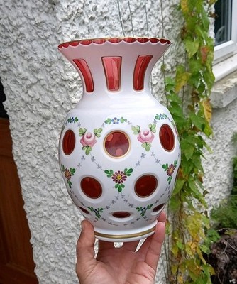Antike Murano Colleoni Kamee gefasst Schichtschliff weiß über Rubin vergoldet Glas Vase
