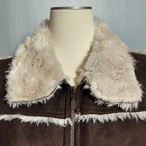 VTG Y2K Faded Glory Vest Faux Fur Lined Sueded Brown Women's Plus L (12/14) - Picture 3 of 17