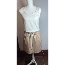 LOFT Mixed Media Tank Dress White Tan Drawstring Waist Pockets Sleeveless Mini
