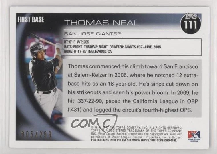 2010 Topps Pro Debut Blue /259 Thomas Neal #111 - Image 2 of 2