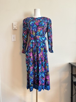 VTG 80s Chaus Printed Floral Dress Womens Medium 8Belted Colorful Pink Blue