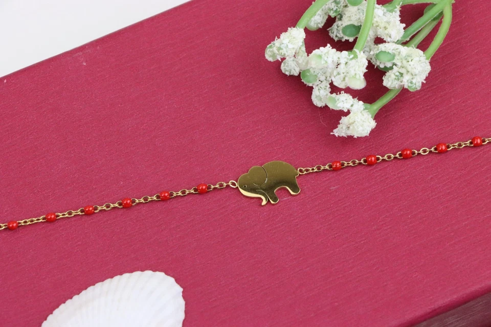 Elegante pulsera amarilla con dije de elefante y cadena de cuentas rojas, XPBL0658 Foto 3 de 4