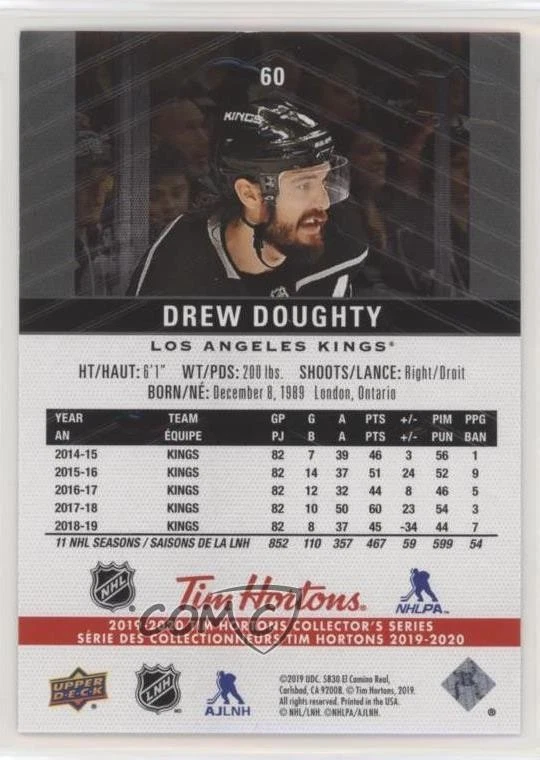 2019 Upper Deck Tim Hortons Collector's Series Premium Program Drew Doughty #60 - Image 2 of 2