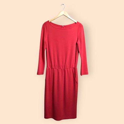 ST. JOHN Boutiques Designer Salmon Pink Wool Knit Dress Bateau MIDI Women s 6