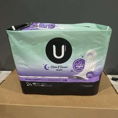 U by Kotex Clean & Secure Maxi Overnight Pads with Wings, Hypoallergenic, 24