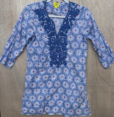 Roller Rabbit XS Blue Pink Floral Embroidered Tunic Top 3/4 Sleeve Boho Beachy