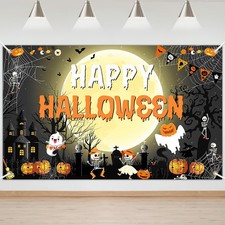 Mocsicka Full Moon Spider Web Happy Halloween Backdrop Banner 6x3.6ft, Purple