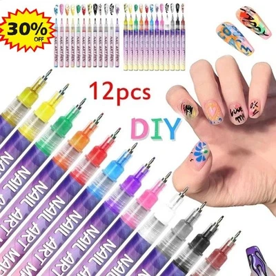 12Pc Nail Art Pen Marker Set 0.5mm Extra Fine Tip Graffiti Drawing Embellishing&