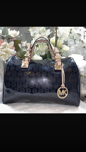 Michael Kors Black Beige Logo Satchel Zip Gold Hardware Charm Bottom Studs - Picture 7 of 15