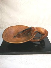Vintage African Wooden Hand Carved Giraffe Drinking From Bowl Sculpture