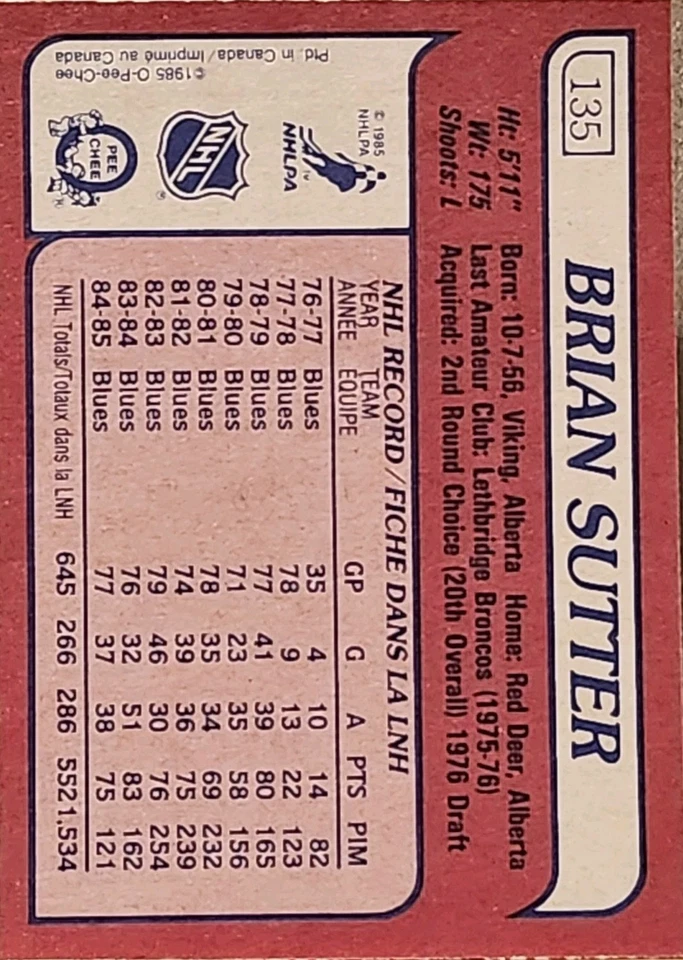 1985-86 O-Pee-Chee  Hockey #135 - Brian Sutter - St. Louis  Blues 🏒 🥅 - Image 2 of 2