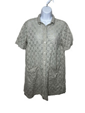 GAP Shirt Dress Eyelet Short Sleeves Moonstone Beige 2 Pockets Boho Coastal Chic