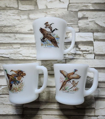 3 Vintage Fire King Game Birds Coffee Mugs with D Handle Mallard Goose Pheasant