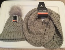 Gray Pom Hat Infinity Scarf Knit Set Acrylic Faux Fur Rolled Bottom One Size