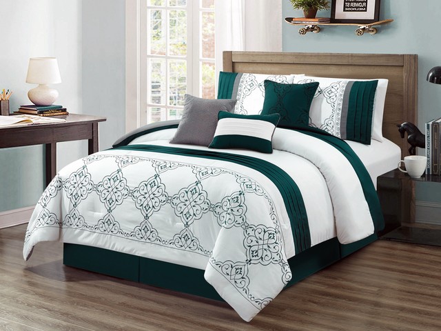 11 Pc Alair Scroll Floral Vine Damask Comforter Curtain Set Teal