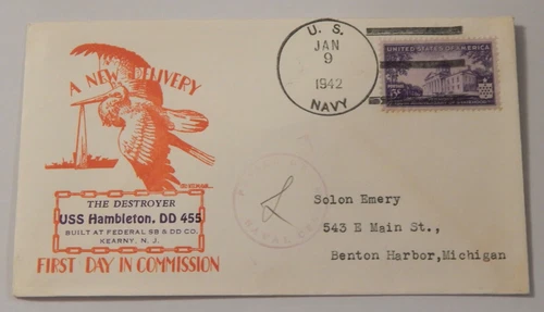 USS Hambleton (DD 455) first day postal service January 9 1942 WW2 censored