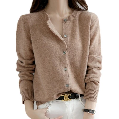 Cárdigan suéter simple de mezcla de cachemir para mujer color liso cuello redondo chaqueta abrigo - Imagen 7 de 37