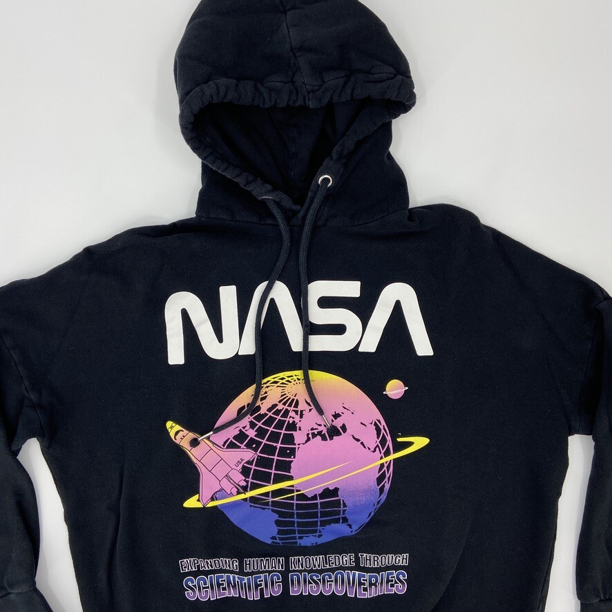 Hu0026amp;M Sweater Womens XS Black White NASA Spell Out Logo Pullover Hoodie *  | eBay