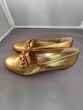 Salvador Ferragamo Gold Leather Gianci Buckle Loafers Ladies 7D Exel Condition