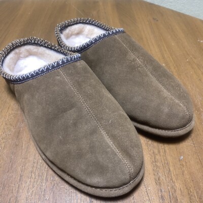 BEARPAW Mens Joshua Slippers Suede Sherpa Size 13 Leather Sheepskin Bed