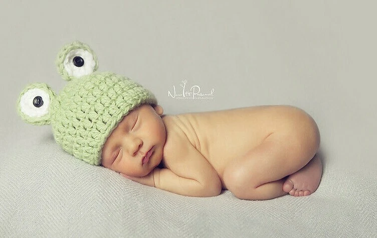 Hand Crochet Knitted Baby Hat Frog Chunky Photo Prop Boys Green Newborn-12M