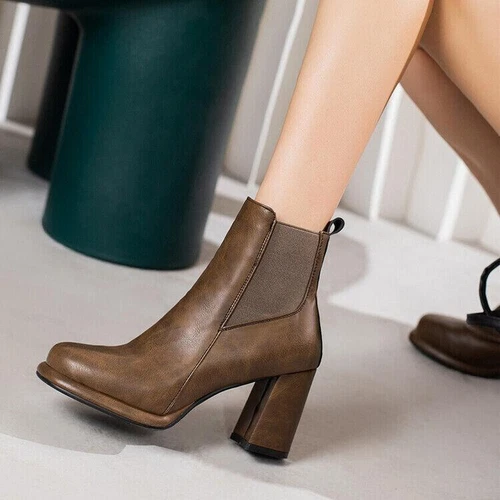 Damen Stiefeletten Mittel Blockabsatz Seitlicher Reißverschluss Chelsea Boots Schuhe - Bild 12 von 28