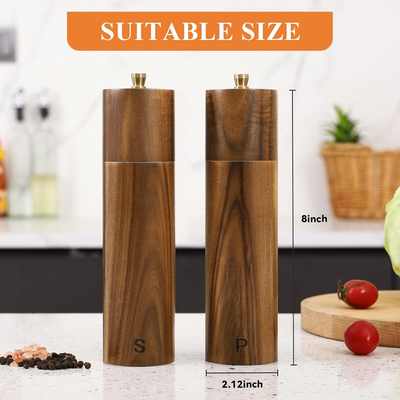 Acacia Wood Pepper Grinder Set - 8 Inch Manual Salt & Pepper Mills With Ceramic Core (2-Pack)