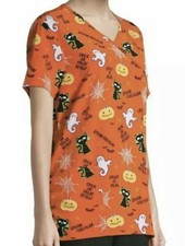 Scrubstar Scrub Top Womens Medium Halloween Kitty Cat Pumpkins Spooky Orange Fun