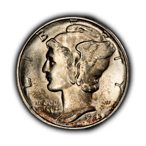 1945-D 10c Silver Mercury Dime - Colorful Toning - Frosty BU - SKU-Z5307