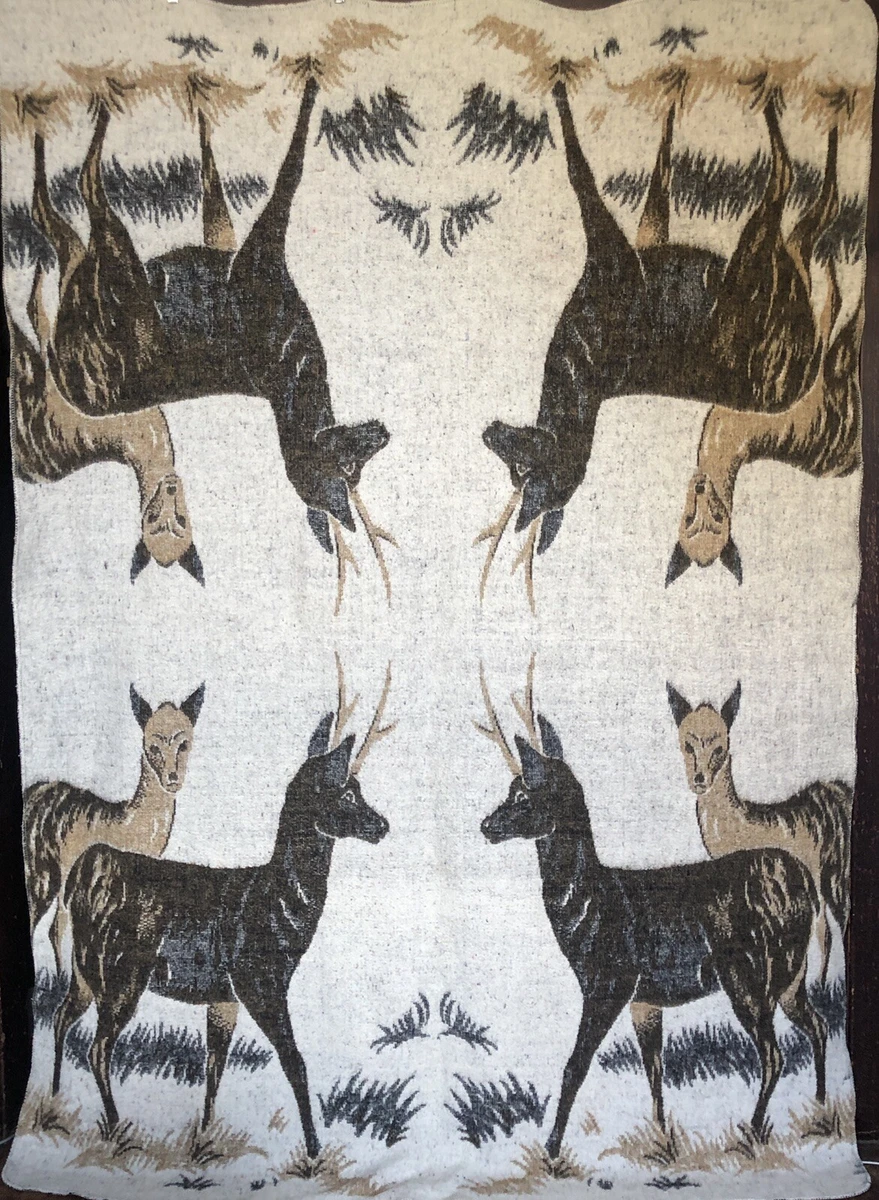 Vintage Deer Print Blanket 1970s Reversible Throw with Rustic Style Deer Print
