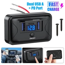 12-24V 3Port Fast Car Charger QC3.0 & PD Outlet Socket On-Off Switch for Boat RV