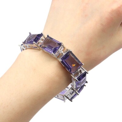 SheCrown Big Gemstone 43.8g Purple Spinel Dating Women Silver Bracelet 8''