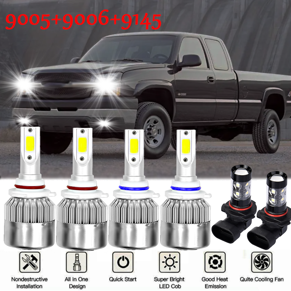 6x LED Headlight Hi/Lo+Fog Light For 2003-2006 Chevy Silverado 1500 2500 3500 HD