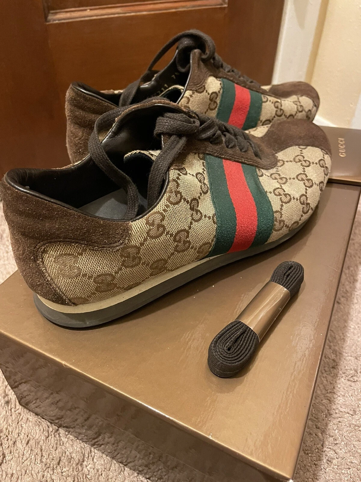 BASKETS GUCCI Vintage GG Guccissima Monogramme marron vert rouge hommes taille 8 Anb
