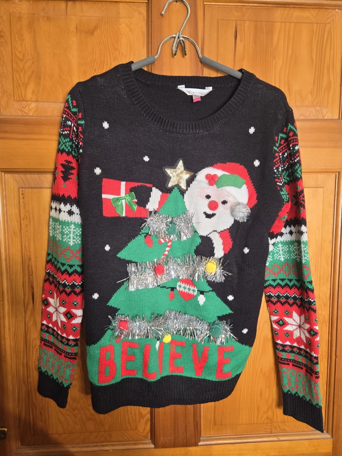 No Boundaries BELIEVE UGLY CHRISTMAS SWEATER Juniors SIZE L 11/13 Tinsel